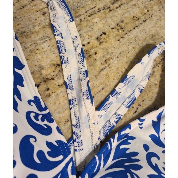 Lands End Women’s 12 Tankini Blue white Damask Flower Padded - Picture 5 of 14